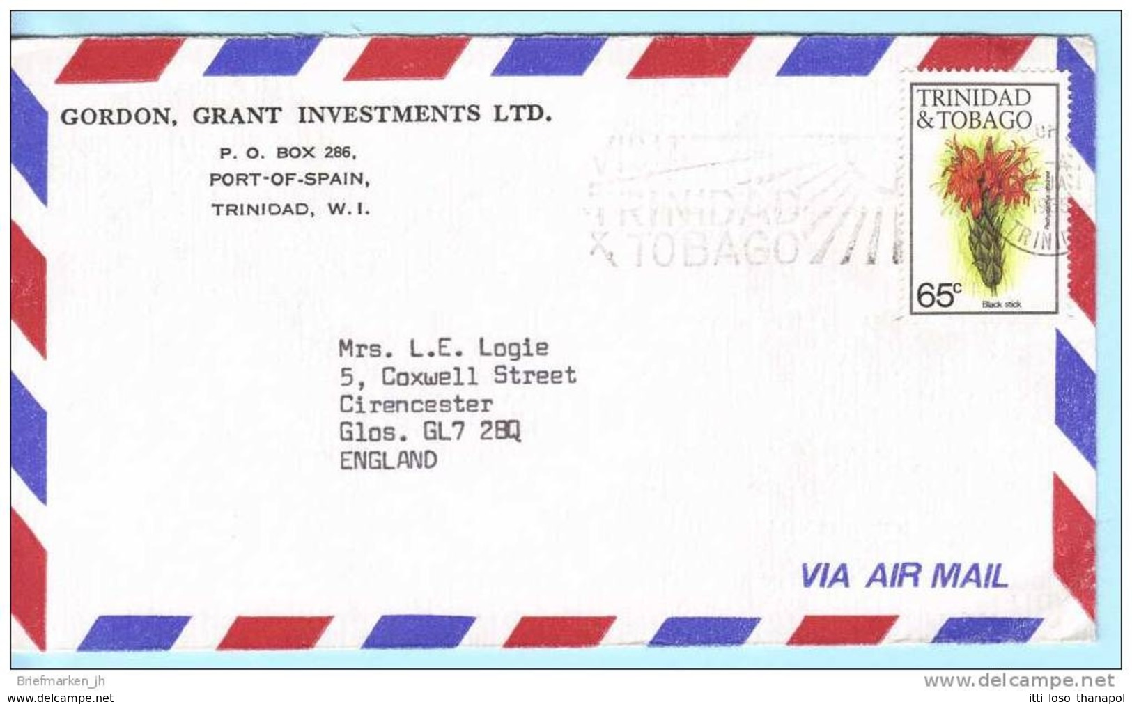 TRINIDAD & TOBAGO Brief Cover -- Gordon Grant Investment Ltd. -- SST Slogan 486 Blumen (Scan)(15155) - Trinidad & Tobago (1962-...)