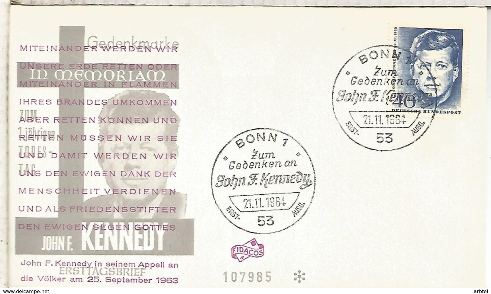 ALEMANIA FDC BONN 1964 JOHN F KENNEDY - Kennedy (John F.)