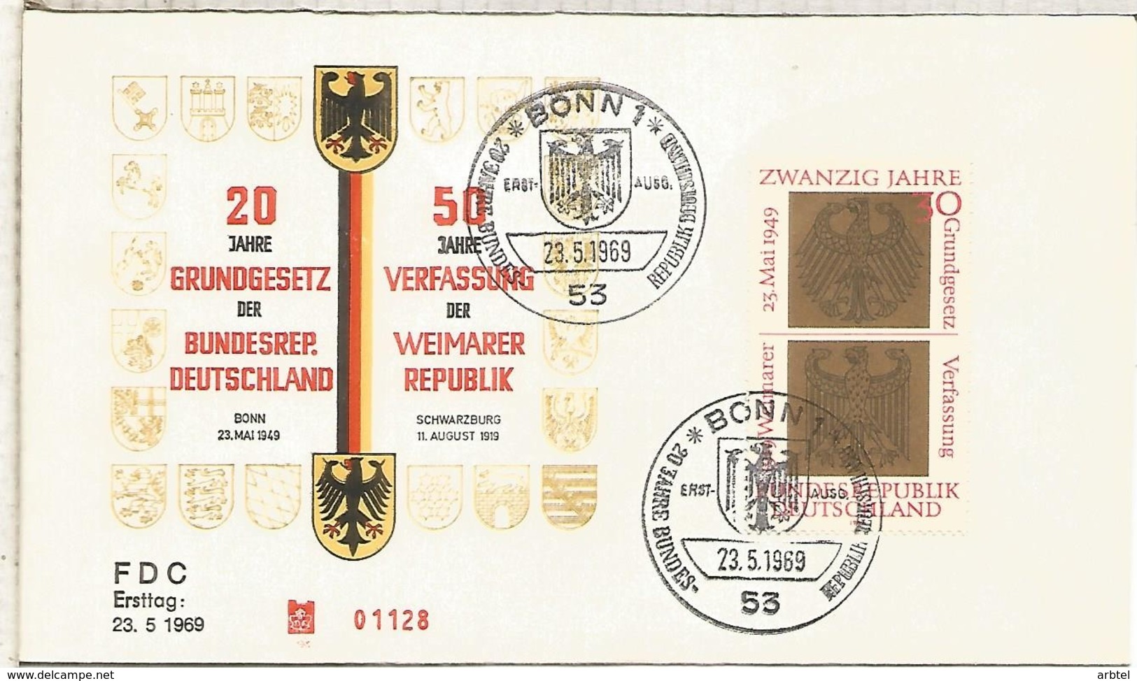 ALEMANIA FDC BONN 1969 REPUBLICA DE WEIMAR Y REPUBLICA FEDERAL - Briefe U. Dokumente