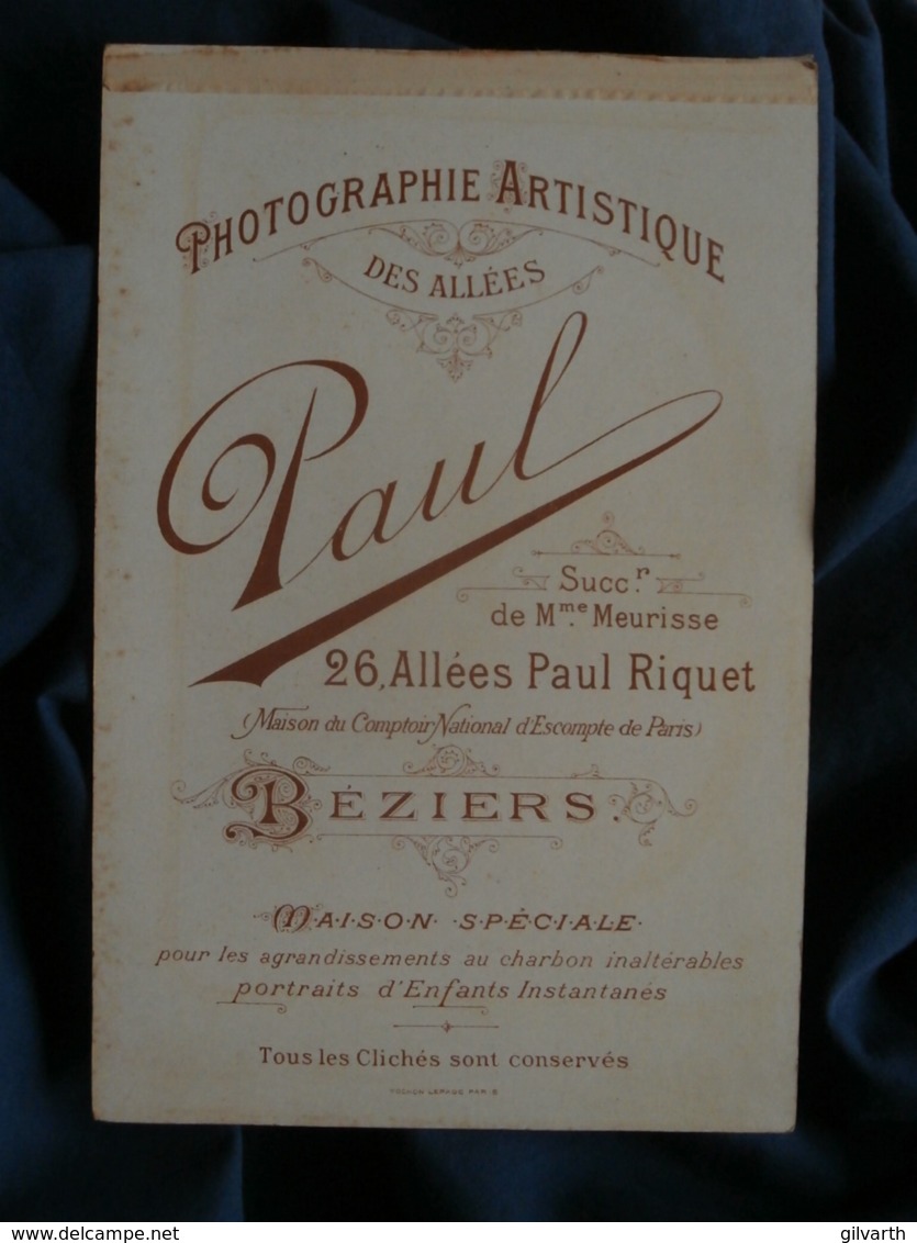 Photo Format Cabinet  Paul à Béziers  Portrait Homme élégant  Col Dur  CA 1895 - L467 - Anciennes (Av. 1900)