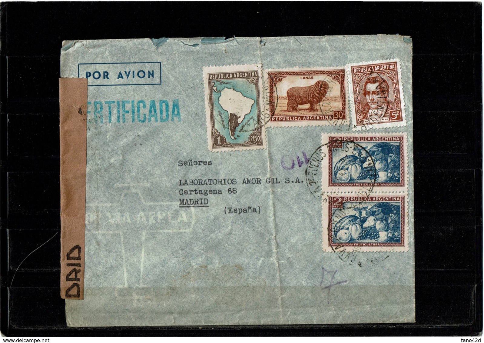 LCTN57/5 -  ARGENTINE LETTRE AVION POUR MADRID AOÛT 1945 CENSURE - Luftpost