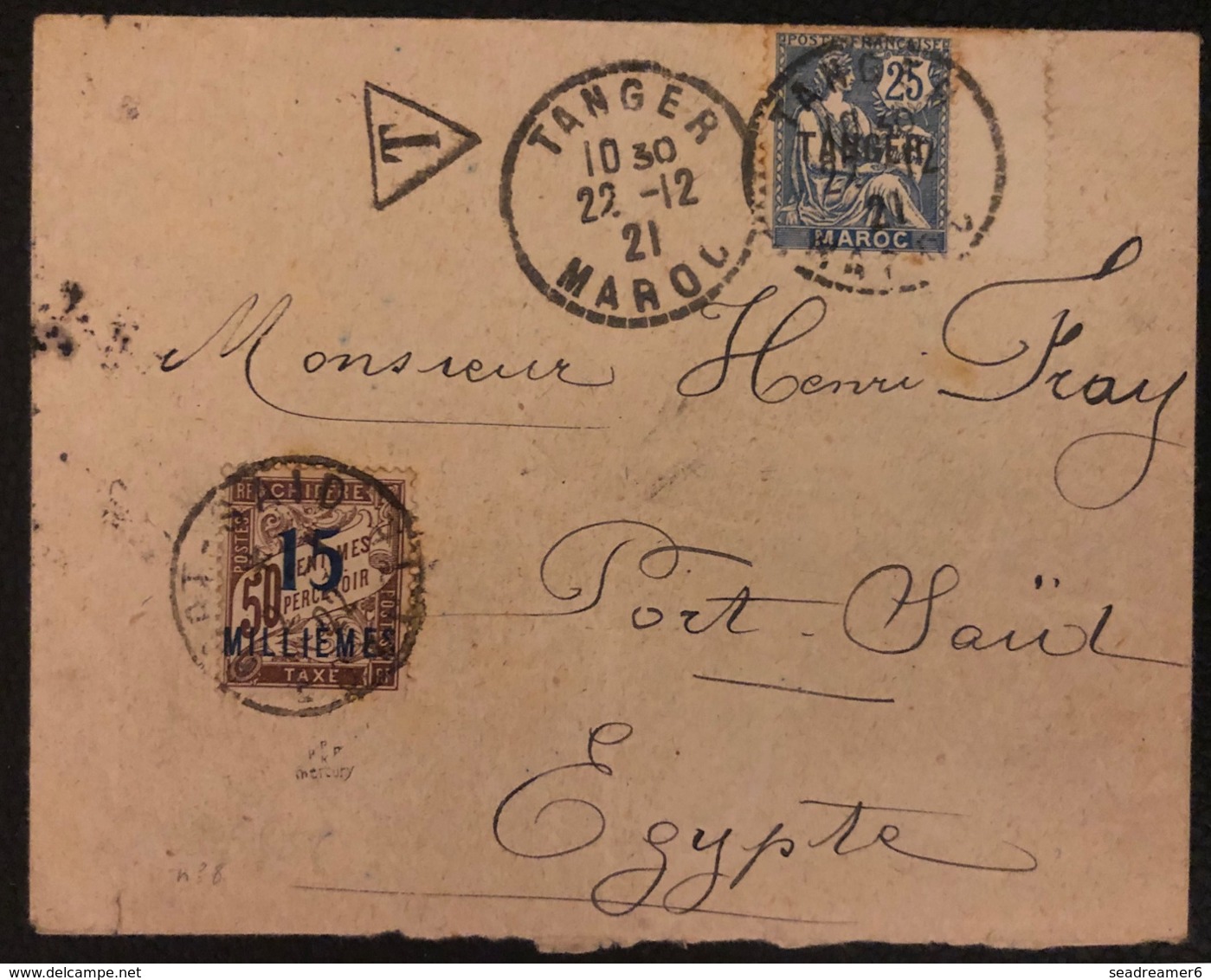 Lettre De Tanger Maroc N° 89 Pour Port Said Taxée ! N°8..les Lettres Taxées Non Philateliques Sont Rarissimes !! - Brieven En Documenten