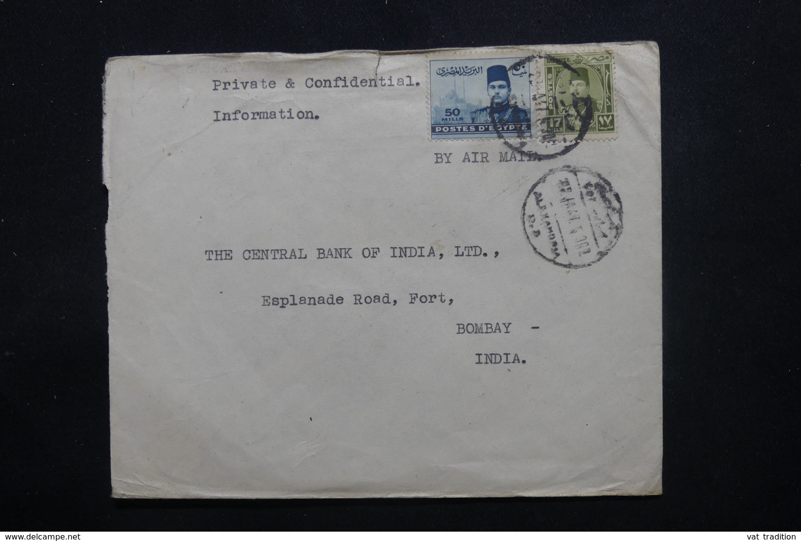 EGYPTE - Enveloppe Commerciale De Alexandrie Pour Bombay Par Avion En 1947, Affranchissement Plaisant - L 43796 - Covers & Documents