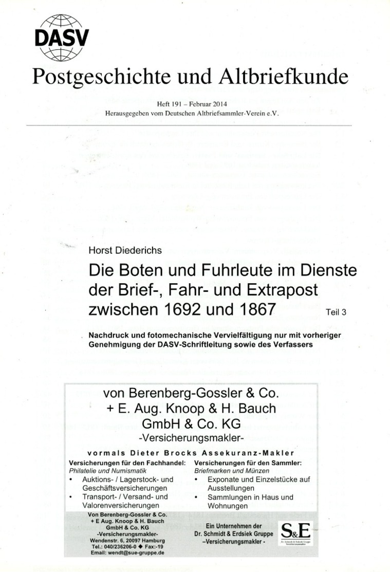 Boten+ + Fuhrleute B. D. Brief- Und Fahrpost 1692 - 1867 - Von Horst Diederichs  (DASV) PgA 191 Aus 2014 - Prephilately