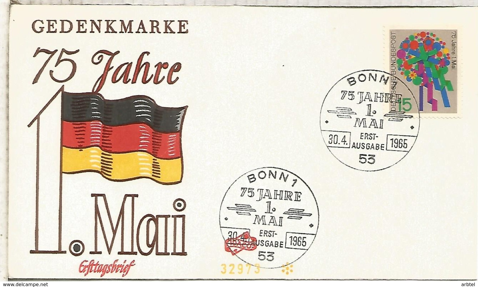 ALEMANIA FDC BONN 1965 75 AÑOS DEL 1 DE MAYO FLORES FLOWER - Otros & Sin Clasificación