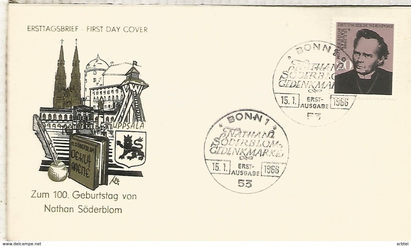 ALEMANIA FDC BONN 1966 NATHAN SÖDERBLOM RELIGION NOBEL PAZ PEACE PRIZE - Nobel Prize Laureates