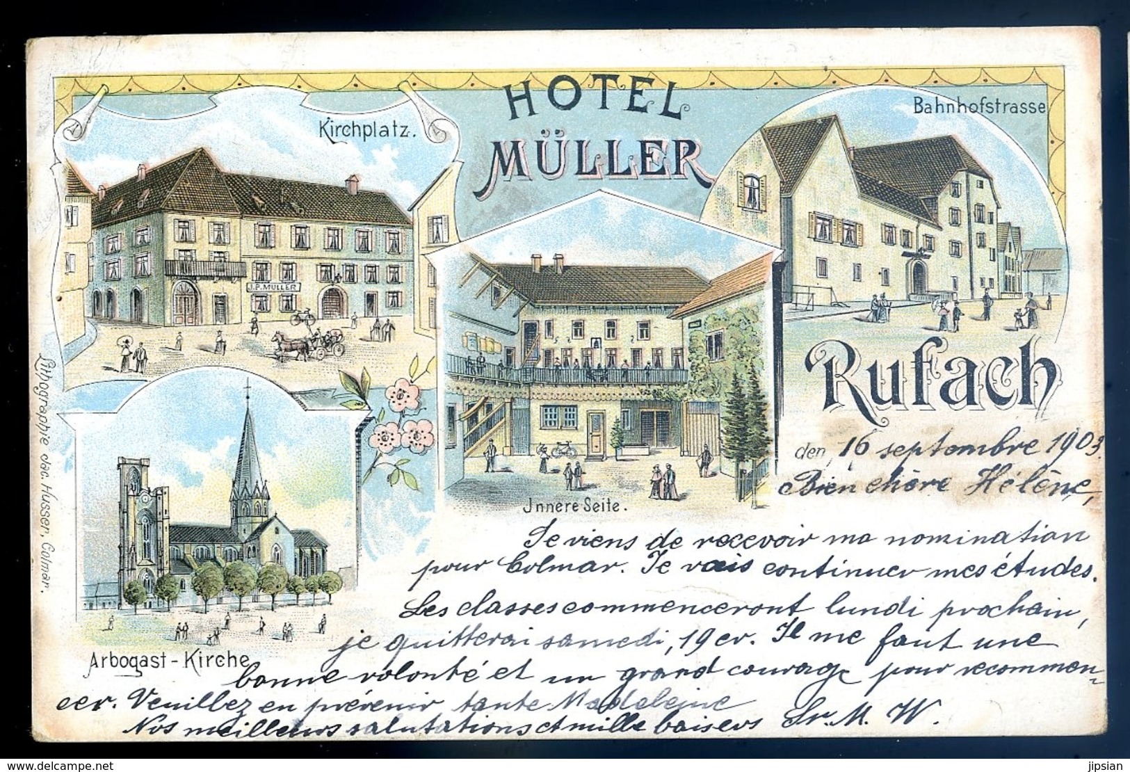 Cpa Du 68 Rufach Hôtel Müller , Kirchplatz , Arbogast Kirche , Bahnhofstrasse LZ69 - Rouffach