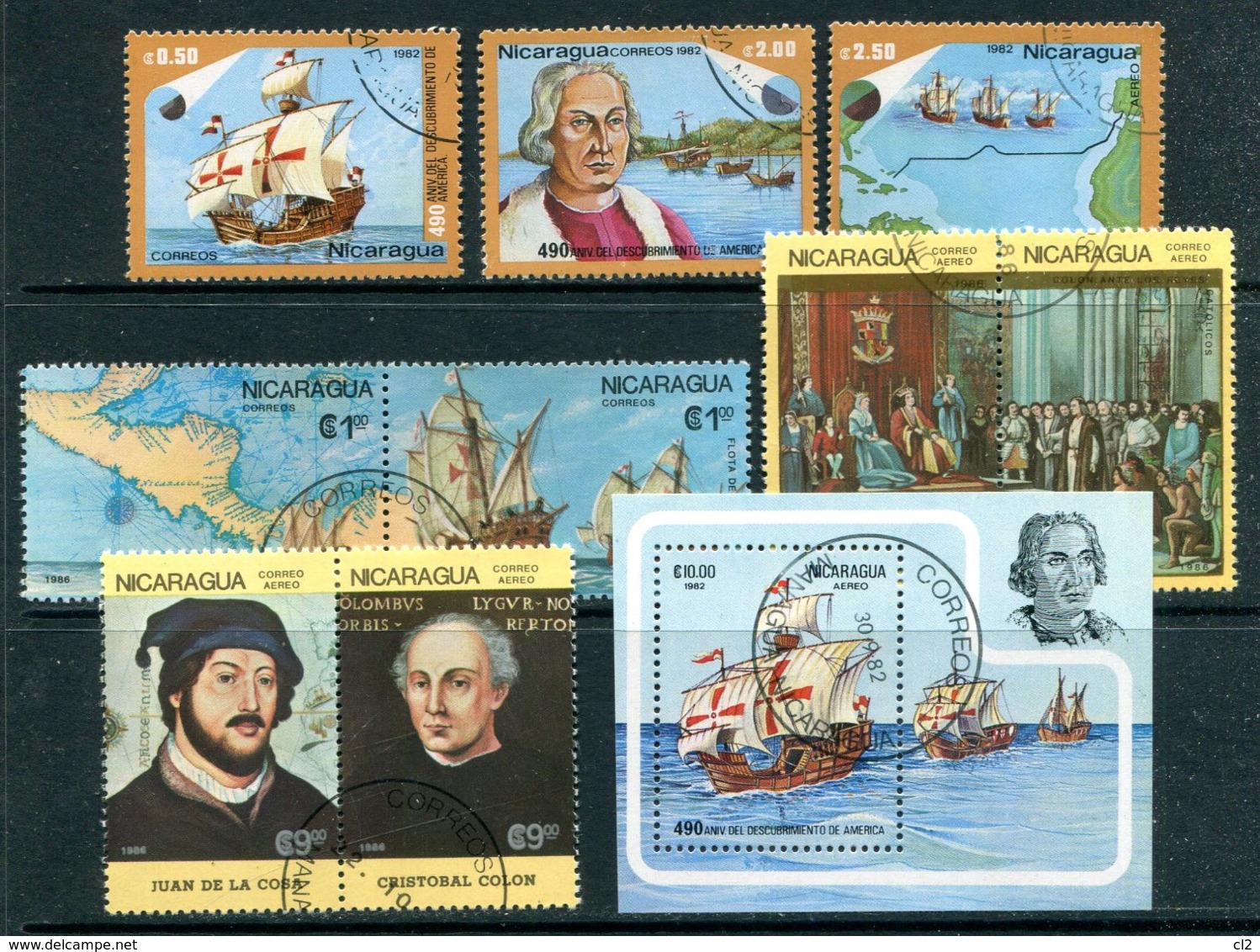 NICARAGUA - Lot De 9 Timbres Et Un Bloc Sur Christophe Colomb Et La Découverte De L'Amérique (bateaux - Voiliers) - Nicaragua