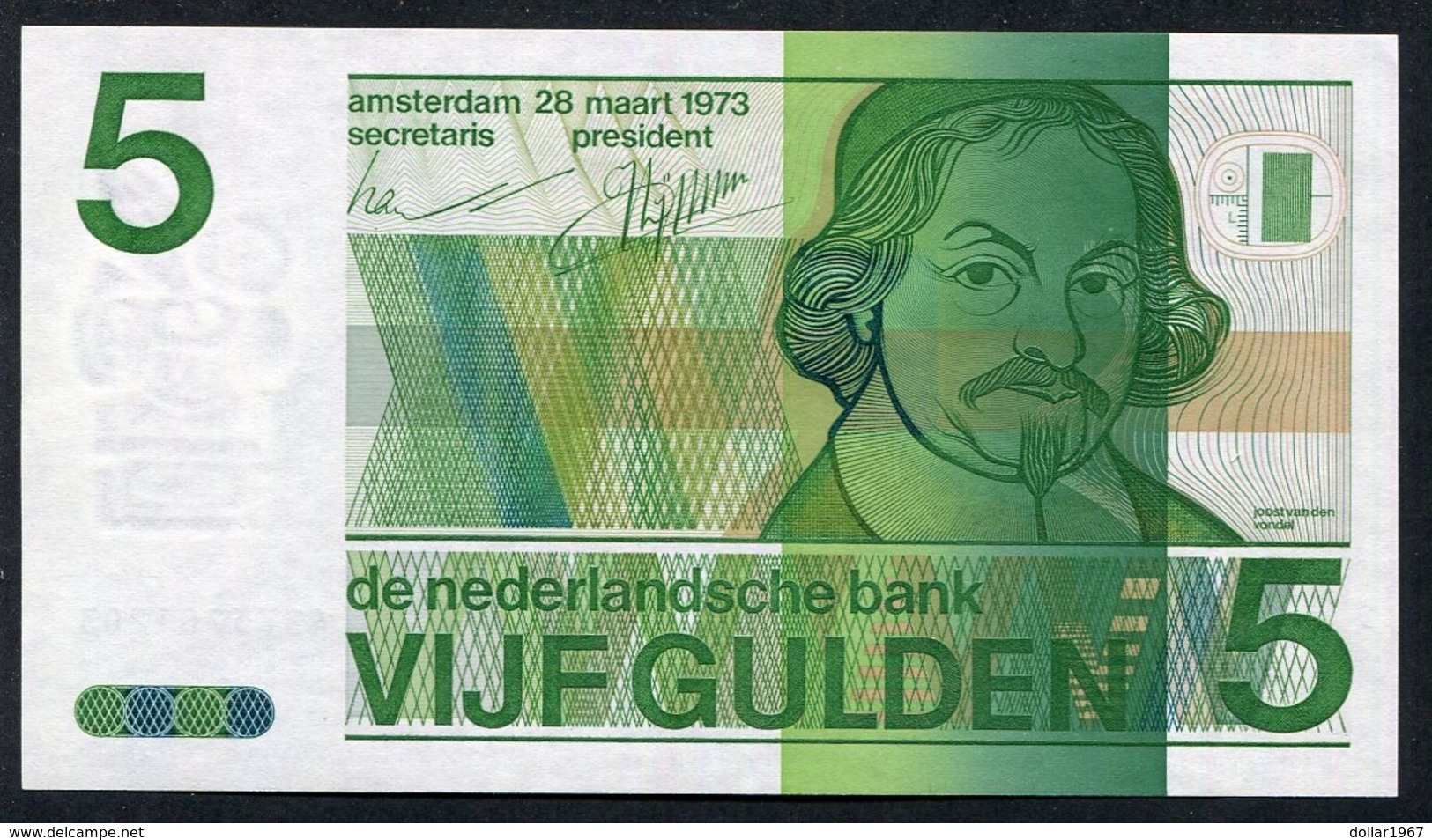 :Netherlands  -  5 Gulden  'Joost Van Den Vondel' 1973 - UNC - NR 4375201203 - [3] Emissionen Des Ministerie Van Oorlog