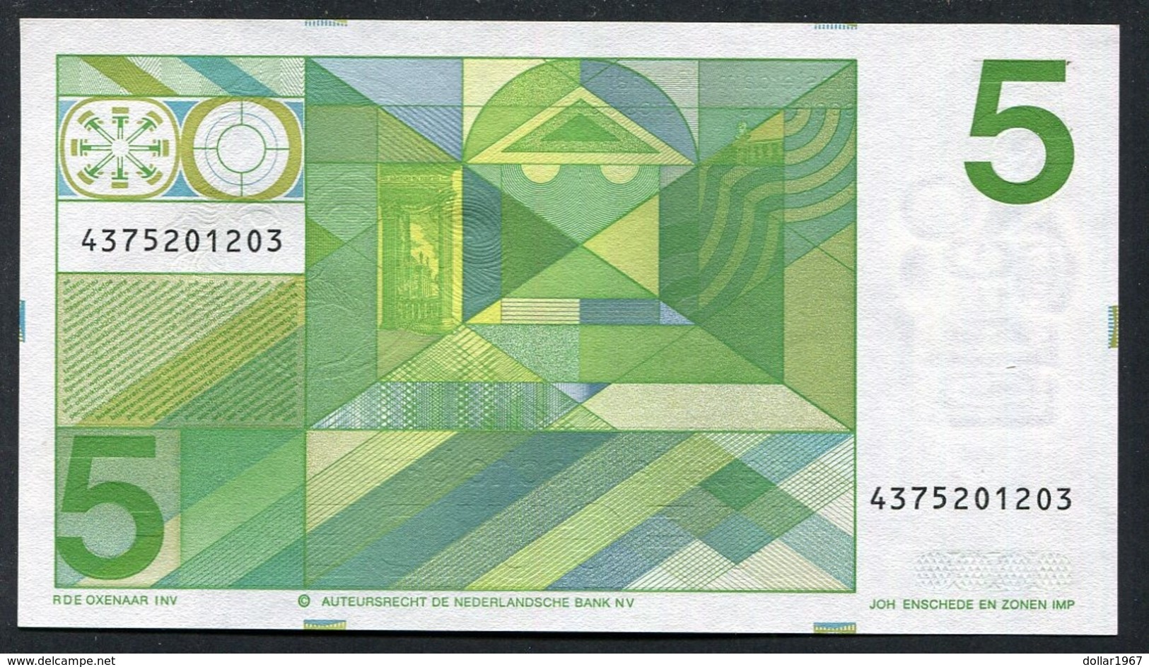 :Netherlands  -  5 Gulden  'Joost Van Den Vondel' 1973 - UNC - NR 4375201203 - [3] Emissionen Des Ministerie Van Oorlog