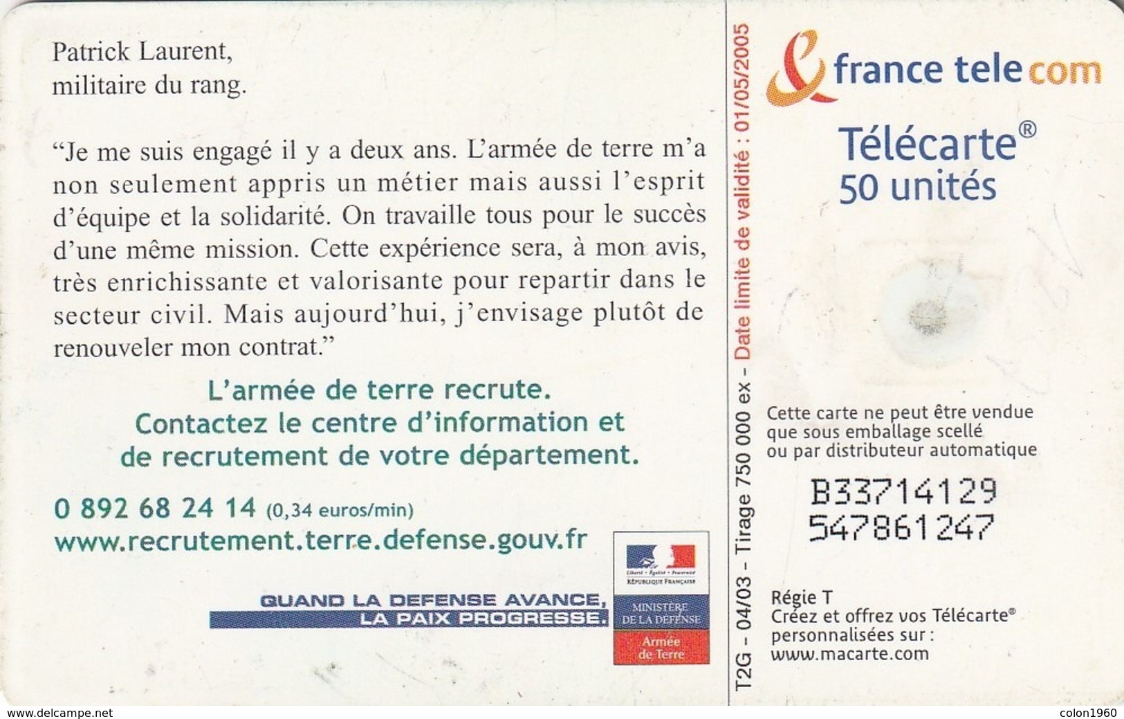 FRANCIA. Armee De Terre Patrick. 50U. 1271A.1. 04/03. (312). - Army