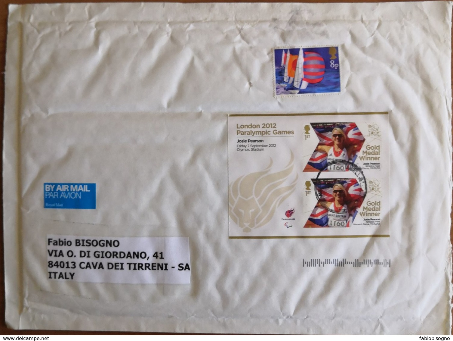 London 2012 Paralympic Games Josie Pearson - Used Sheet On Air Mail (label) Cover To Italy - Covers & Documents