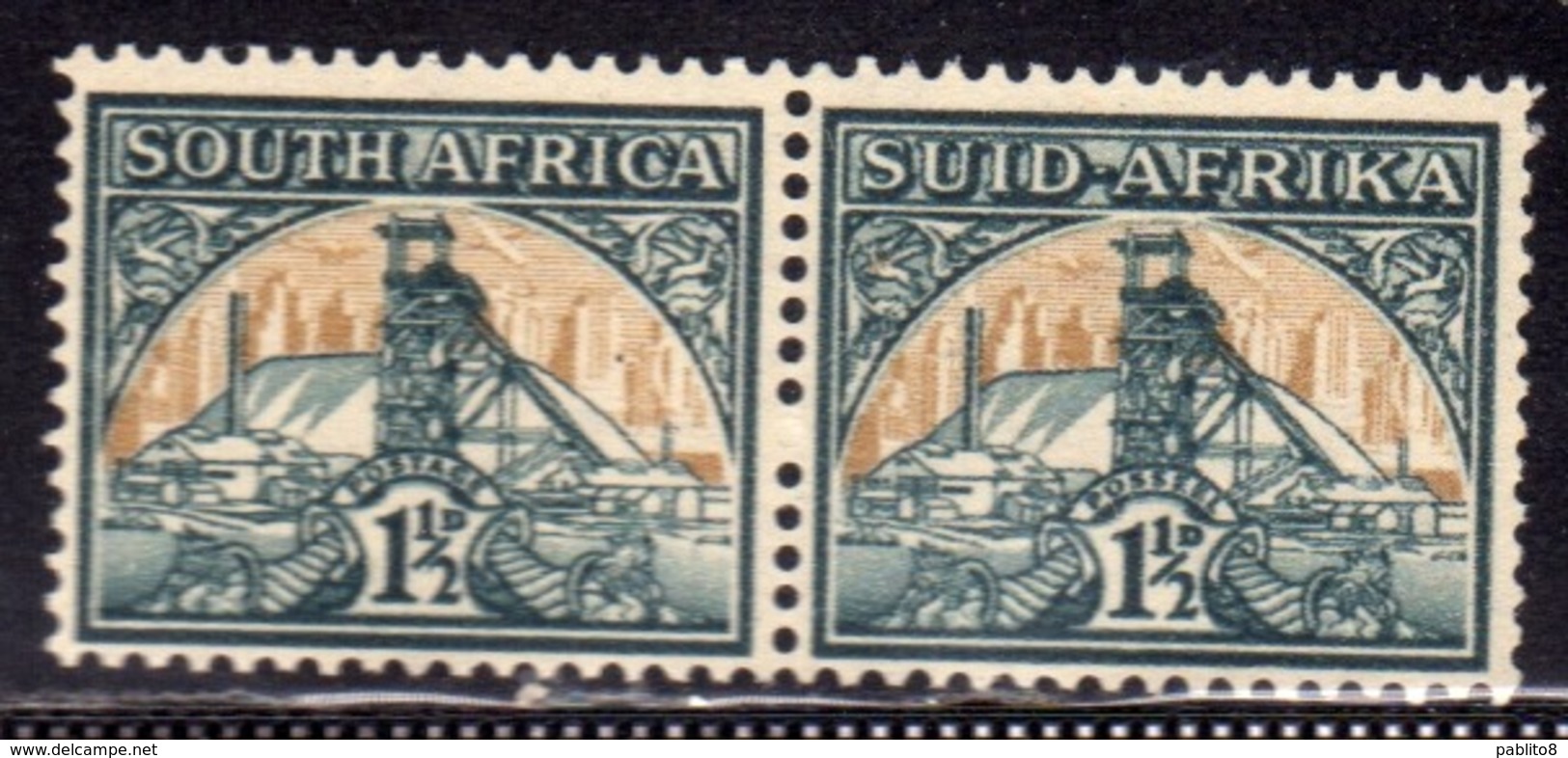 SUD SUID SOUTH AFRICA AFRIQUE UNION 1933 1954 GOLD MINE 1936 PENNY 1 1/2p ENGLISH + AFRIKAANS PAIR MNH - Usati