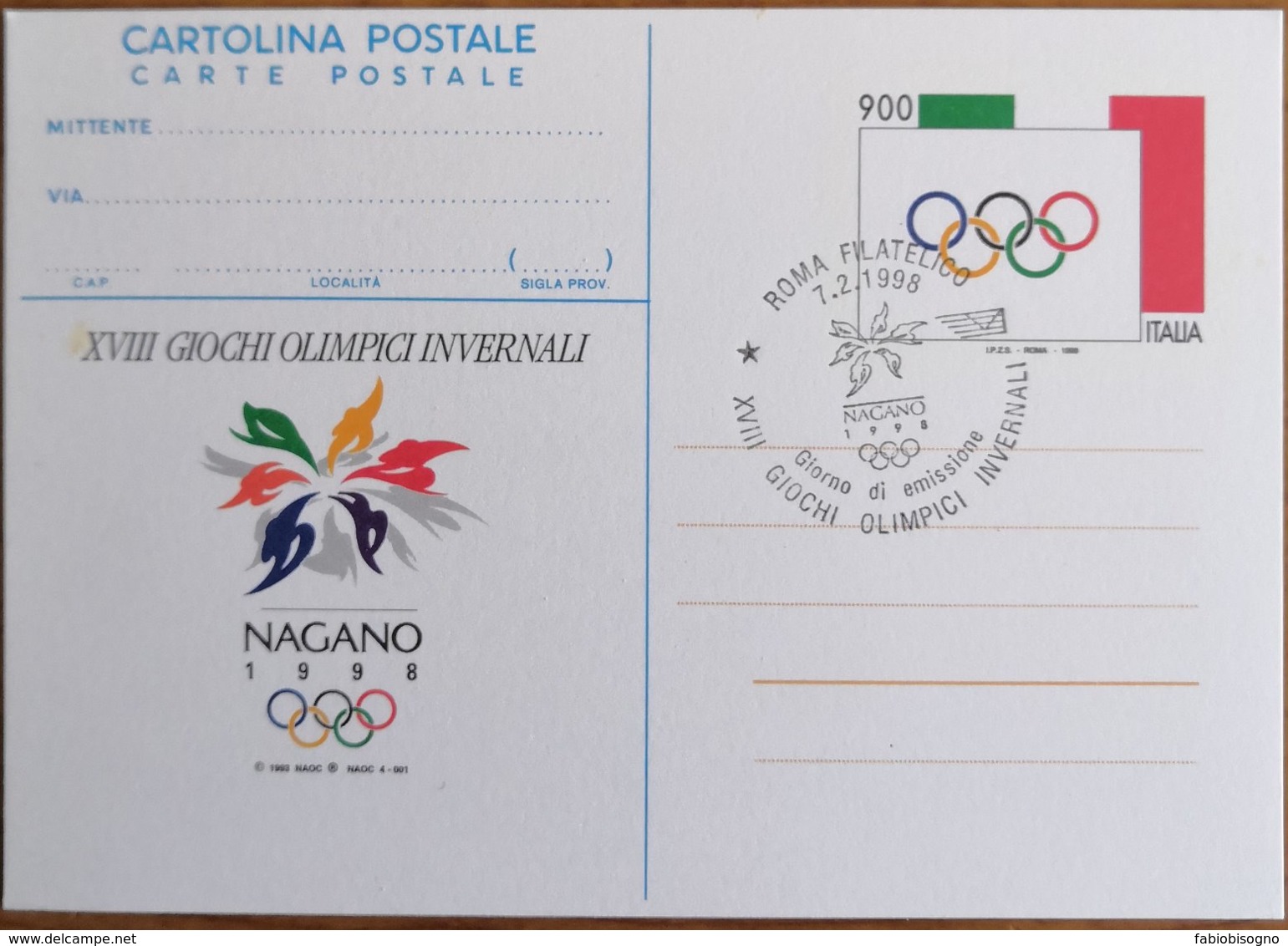 Italia L.900 Cartolina Postale - Roma 7.2.1998 XVIII Giochi Olimpici Invernali NAGANO - Winter 1998: Nagano