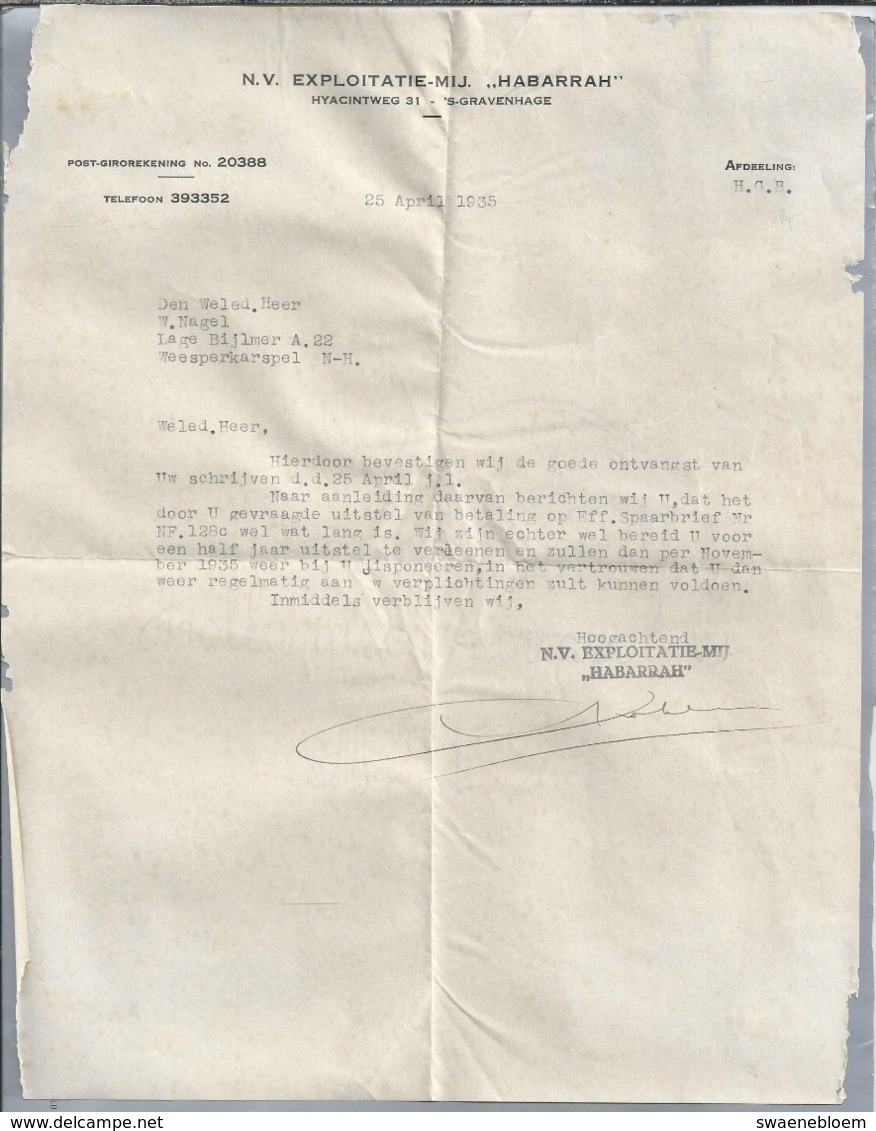 NL.-  Brief Van N.V. Exploitatie Mij. HABARRAH. Hyacintweg 31 Te 's-Gravenhage. Den Haag. 25 April 1935 - Pays-Bas