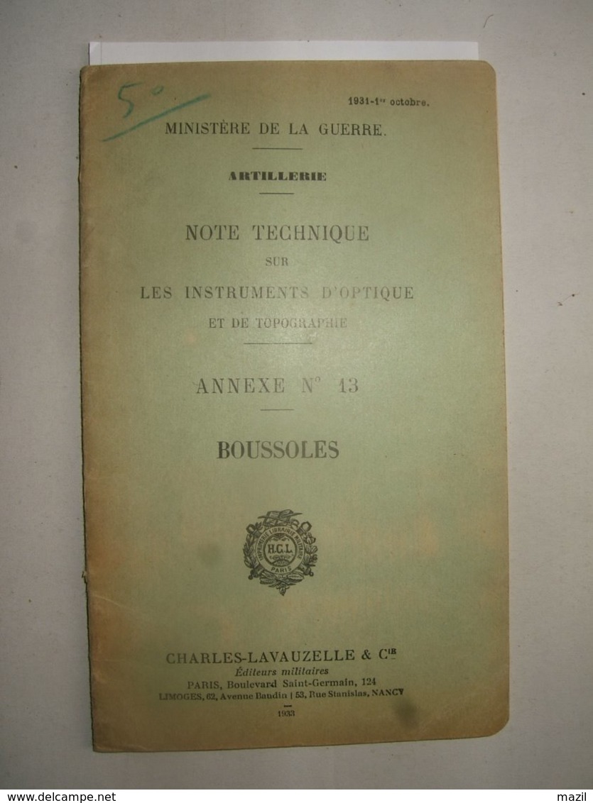 - Artillerie : Notice Technique Sur Les Instruments D'optique .... Boussoles   1933 - Autres & Non Classés