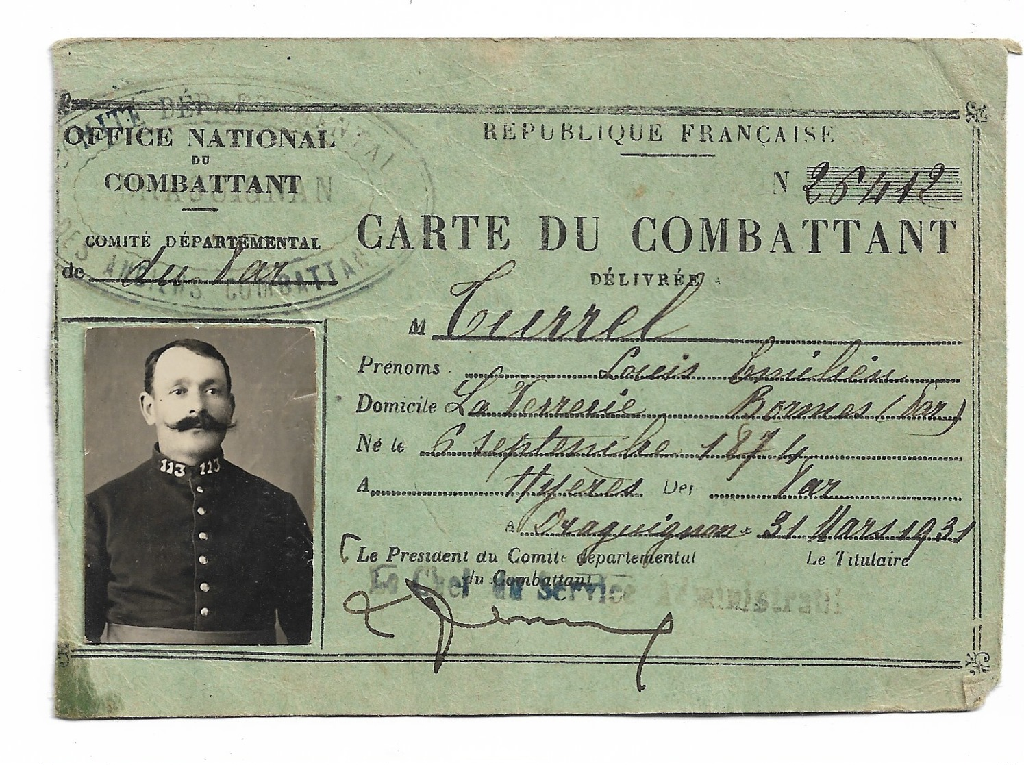 Carte Du Combattant Draguignan 1931    Concernant Un Soldat Né à Hyères - Documents Historiques