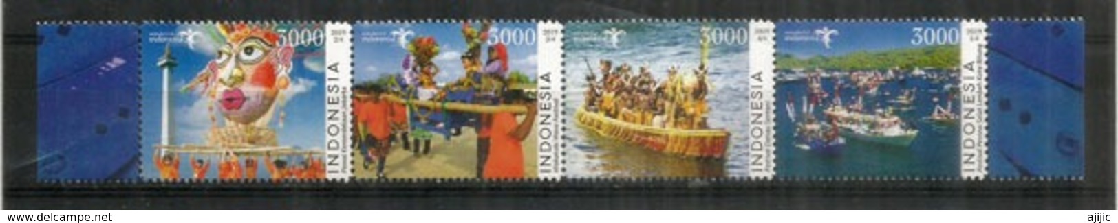 Les Carnavals Indonesiens (Wakatobi,Danau Sentani,Kota Bindung,Jakarta) Bande De 4 Timbres Neufs ** INDONESIE. 2019 - Carnival