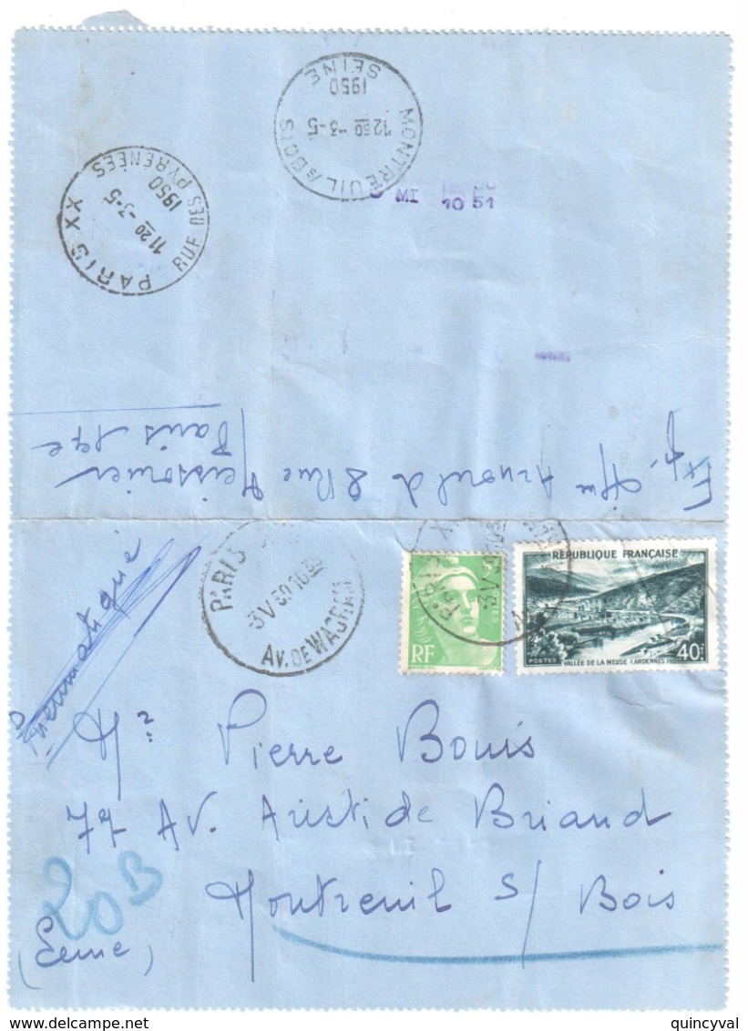 PARIS XVII Av De Wagram Pneumatique Dest Montreuil Via 20B 40F Vallée Meuse 5 F Gandon Vert Yv 809 842A Ob1950 - Storia Postale