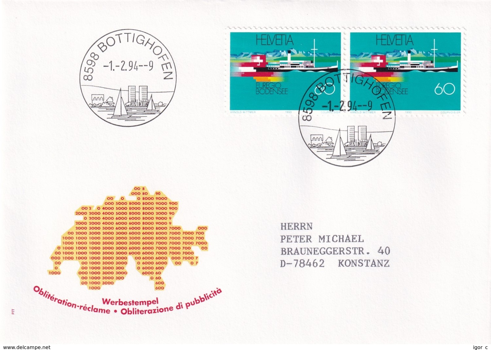 Swirzerland 1994 Cover: Sailing , Segeln; Voile; Vela; Bottinghofen Cancellation; Bodensee Euregio: Steamer - Sailing