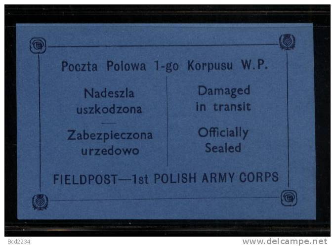 POLAND 1941 WW2 POCZTA POLOWA 1ST POLISH ARMY CORPS EXILED FORCES BLUE FIELD POST FELDPOST LETTER-SEAL NHM World War II - Regering In Londen(Ballingschap)