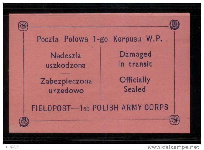 POLAND 1941 WW2 POCZTA POLOWA 1ST POLISH ARMY CORPS EXILED FORCES PINK FIELD POST FELDPOST LETTER-SEAL NHM World War II - Government In Exile In London