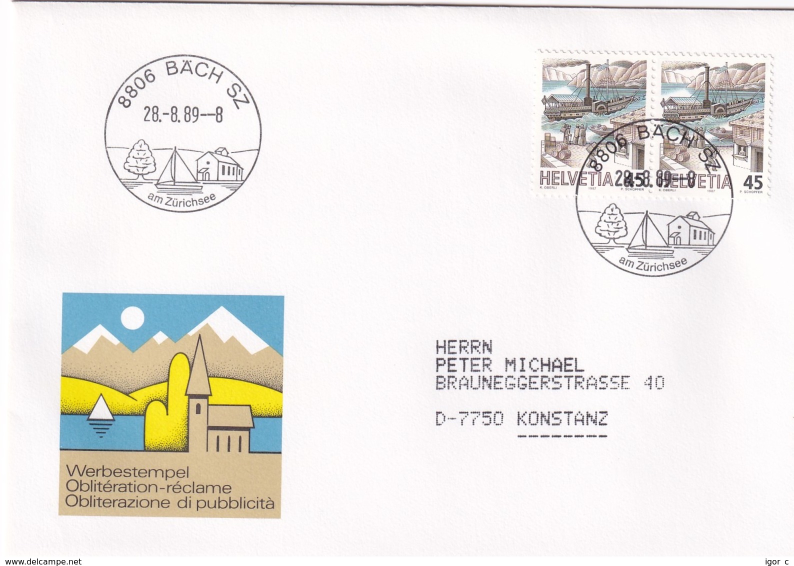 Swirzerland 1989 Cover: Sailing , Segeln; Voile; Vela; Bäch SZ Cancellation; Zürichsee: Steamer - Sailing