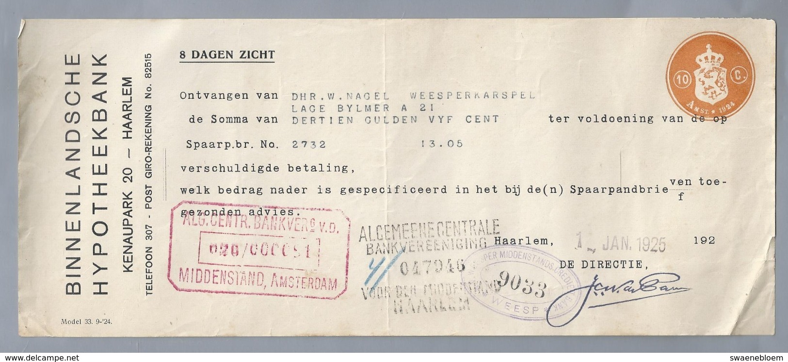 NL.- Betaal Bewijs Van De BINNENLANDSCHE HYPOTHEEKBANK. KENAUPARK 20 HAARLEM. JAN. 1925 - Netherlands
