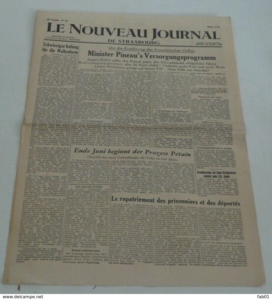 Le Nouveau Journal De Strasbourg Du 14 Juin 1945. - Francese