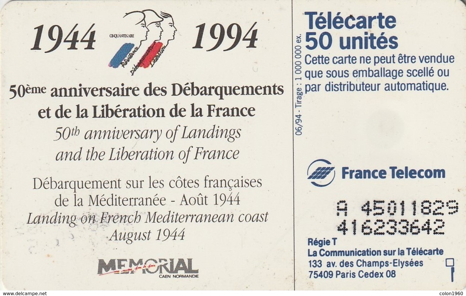 FRANCIA. 50th Anniversar Of Landings And The Liberation Of France. Debarquement Sur Les Cotes US47. 0479A. 06/94. (306). - Esercito