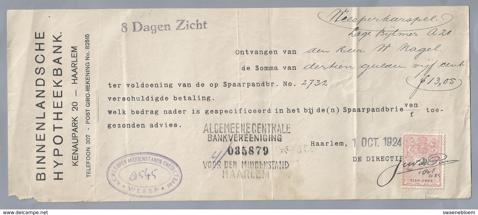 NL.- Betaal Bewijs Van De BINNENLANDSCHE HYPOTHEEKBANK. KENAUPARK 20 HAARLEM. 1 OCT 1924. - Pays-Bas