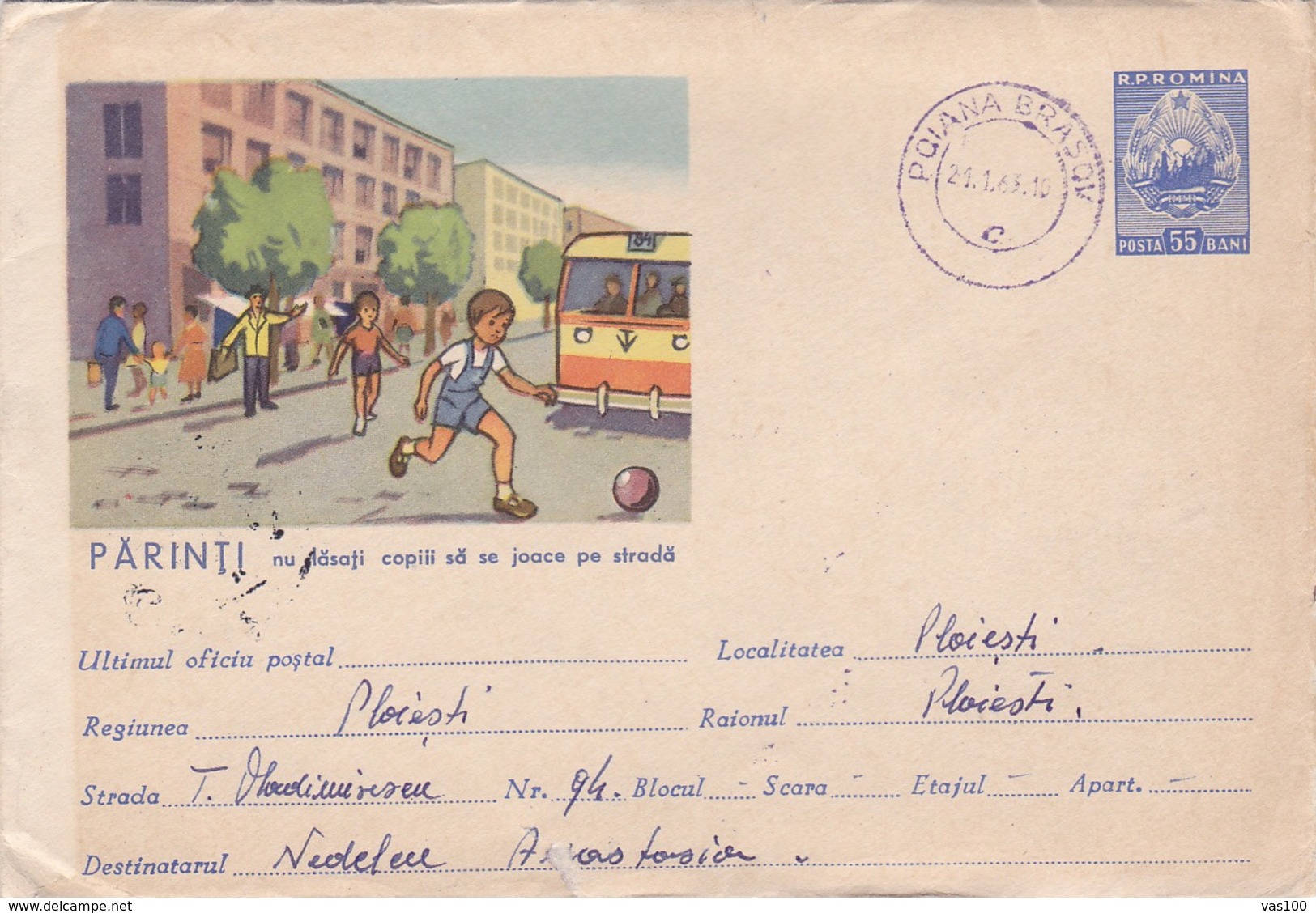 HEALTH, ROAD SAFETY, TRAFFIC, CHILD, CAR BUS, COVER STATIONERY, ENTIER POSTAL, 1962, ROMANIA - Accidents & Road Safety