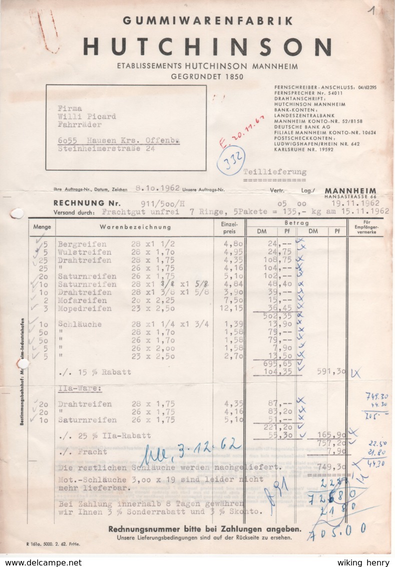 Mannheim - Rechnung Gummiwarenfabrik Zweiradbereifungen Hutchinson - 1950 - ...