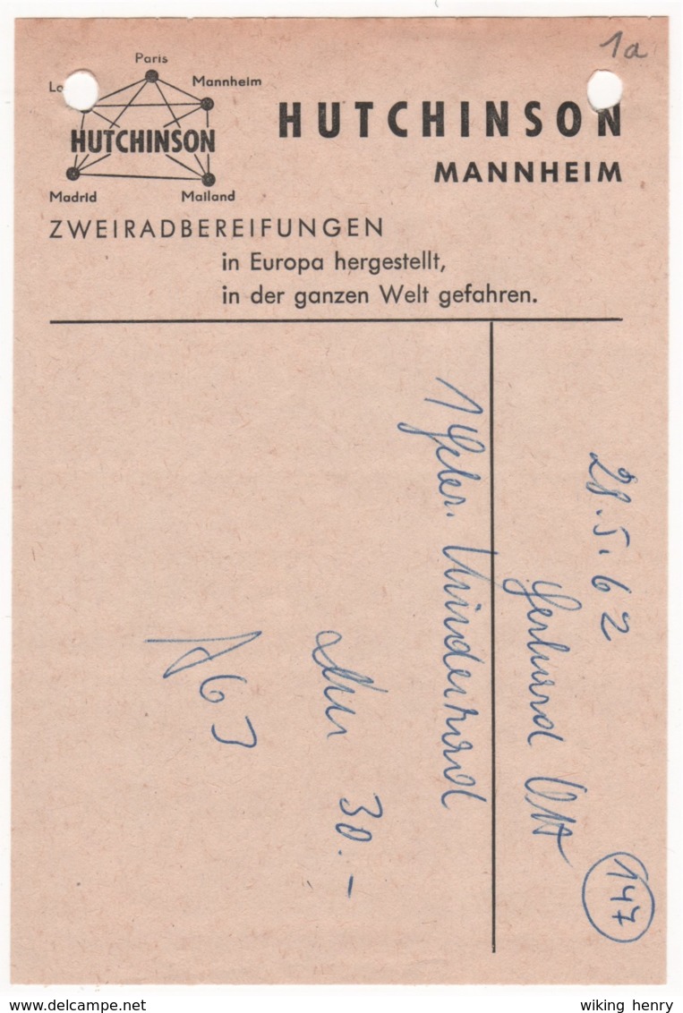 Mannheim - Rechnung Gummiwarenfabrik Zweiradbereifungen Hutchinson - 1950 - ...