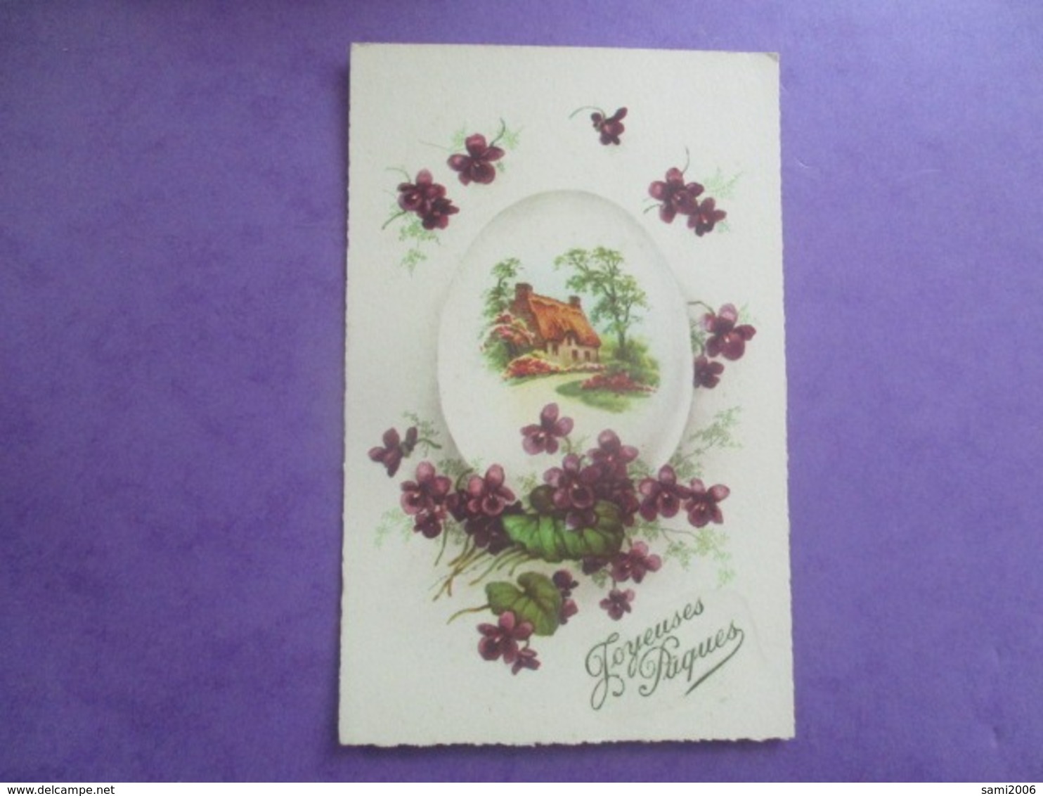 CPA FANTAISIE JOYEUSES PAQUES FLEURS VIOLETTES MAISONNETTE - Pâques