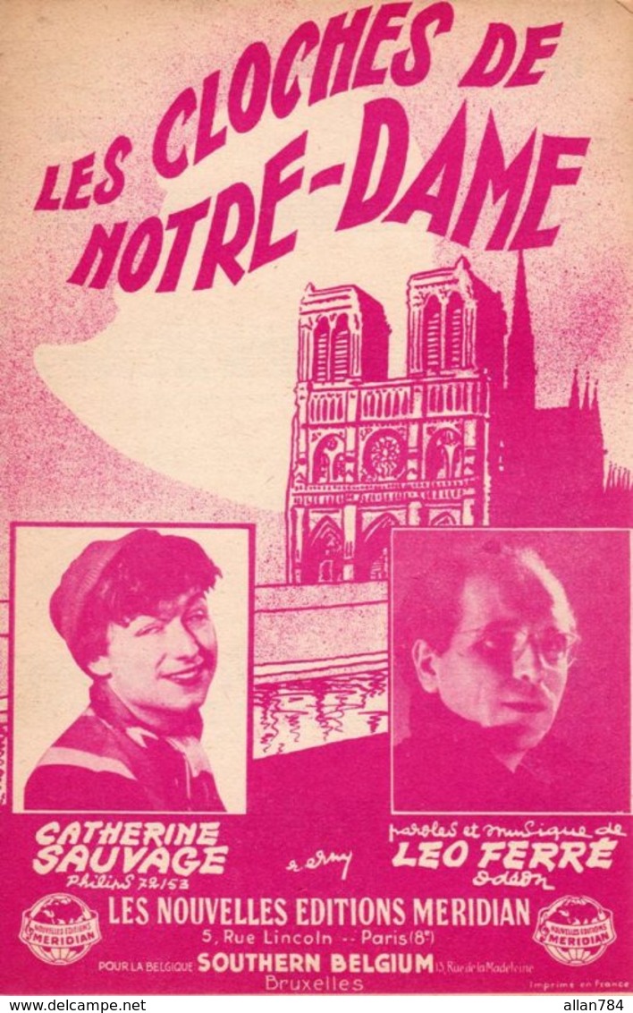 PARTITION LES CLOCHES DE NOTRE DAME (DE PARIS) - LEO FERRE / CATHERINE SAUVAGE - 1952 - EXC ETAT - - Otros & Sin Clasificación