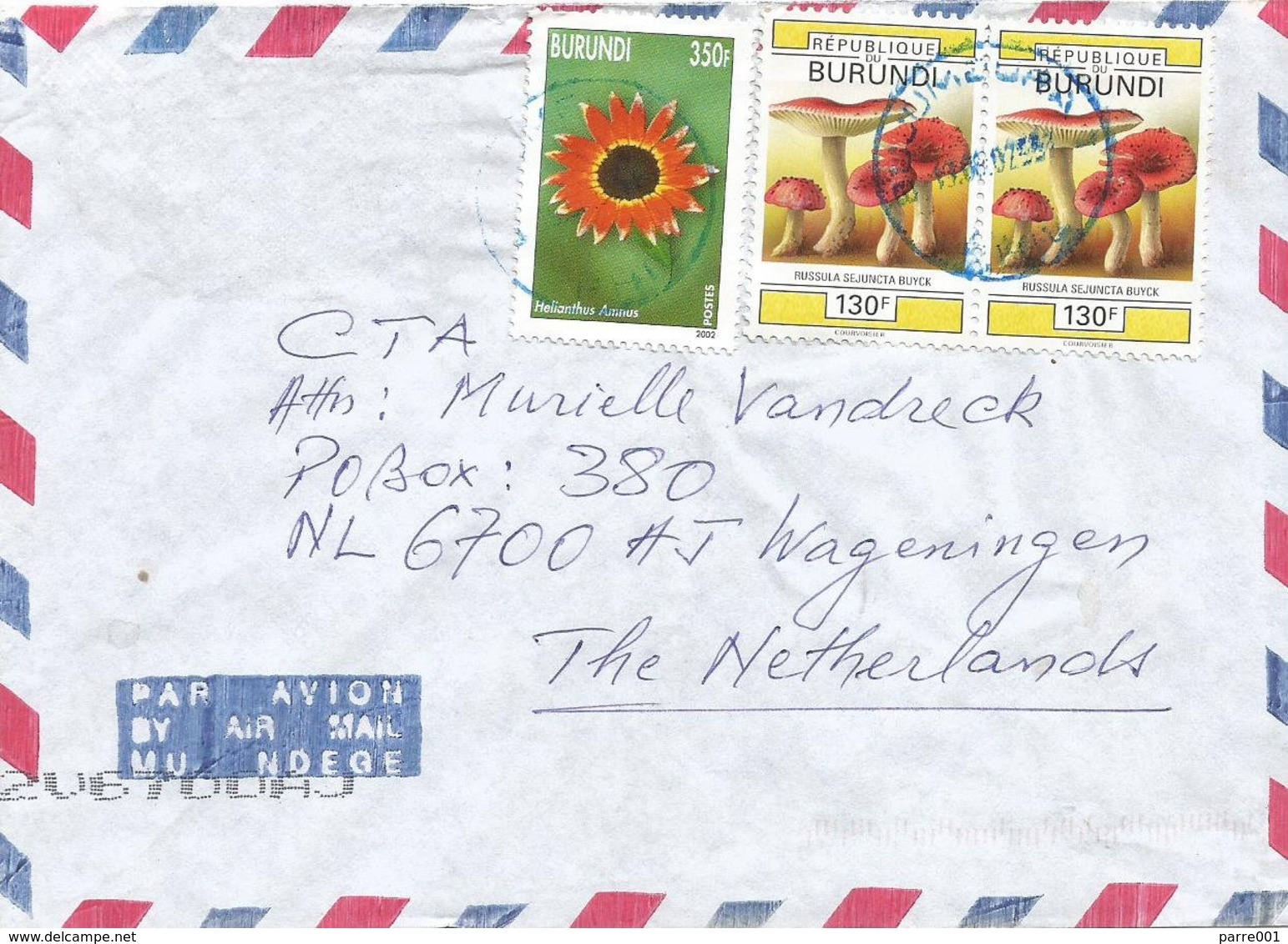 Burundi 2002 Bujumbura Mushroom Russula Sejuncta 130f Sunflower Helianthus Annuus 350f Cover - Used Stamps