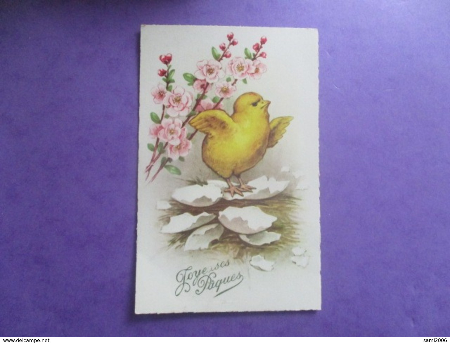 CPA FANTAISIE JOYEUSES PAQUES POUSSIN COQUILLE FLEURS - Pasen