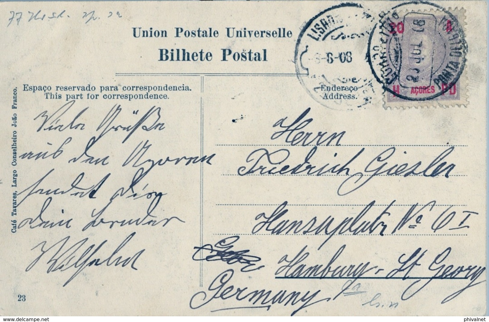 1908 , AZORES / PONTA DELGADA - HAMBURGO , TARJETA POSTAL CIRCULADA , PUERTO , DOCA , HARBOUR - Ponta Delgada