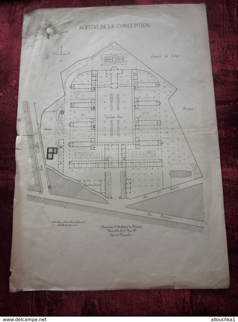 1871 PLAN TECHNIQUE DRESSÉ ARCHITECTE FOUCAULT DES HOSPICES HÔPITAL DE LA CONCEPTION MARSEILLE Planche Travaux Public - Travaux Publics