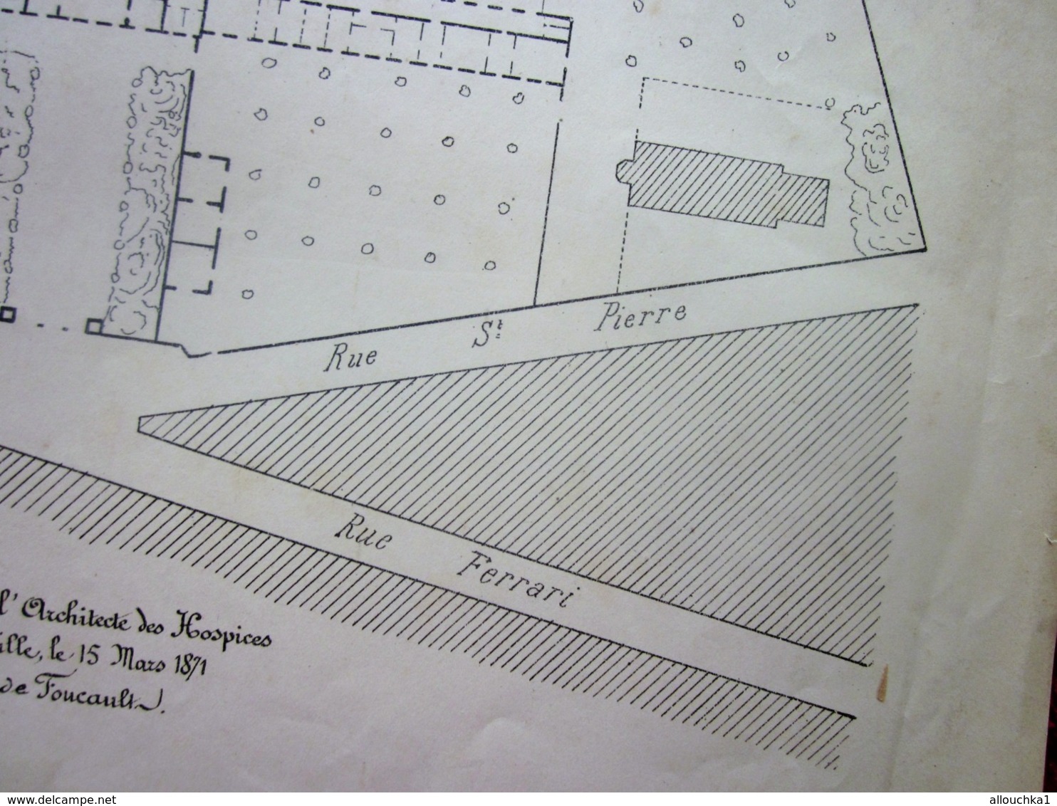 1871 PLAN TECHNIQUE DRESSÉ ARCHITECTE FOUCAULT DES HOSPICES HÔPITAL DE LA CONCEPTION MARSEILLE Planche Travaux Public