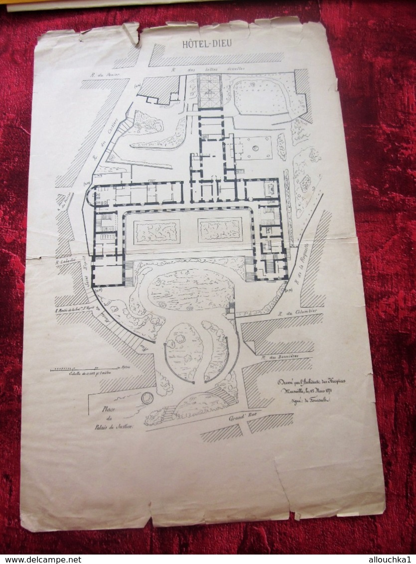 1871 PLAN TECHNIQUE DRESSÉ ARCHITECTE DE FOUCAULT DES HOSPICES HÔPITAL HOTEL DIEU MARSEILLE Planche Travaux Public - Opere Pubbliche