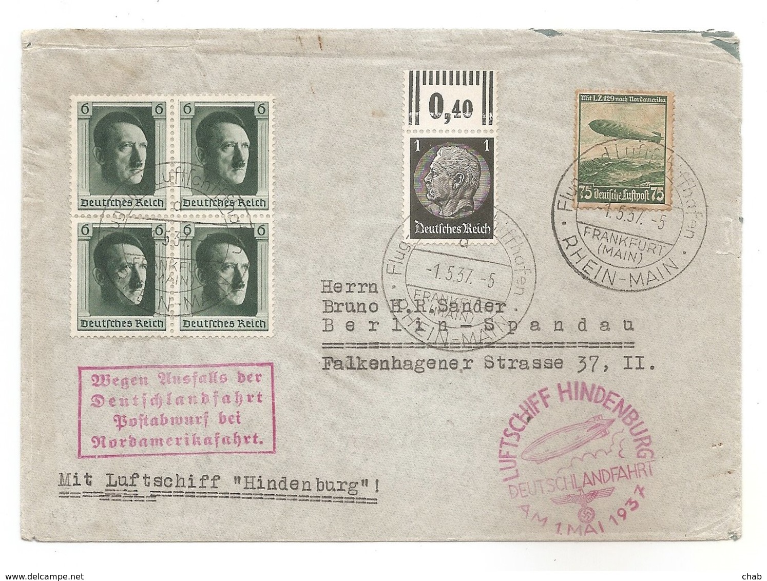 LETTRE 1937 - LUFSCHIFF HINDENBURG,1 MAI 1937 - Timbre ZIPPELIN + BLOC- Verso: Vignette Rouge - WW2 - Pas Connaisseur - Cartas & Documentos