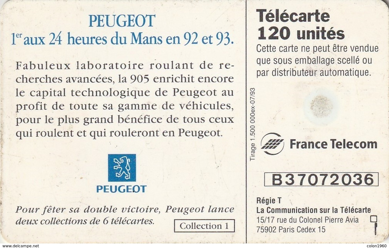FRANCIA. Peugeot 905 2 - Voiture De Nuit. 120U. With 2nd Logo Moreno. 0396. 07/93. (203). - Deportes