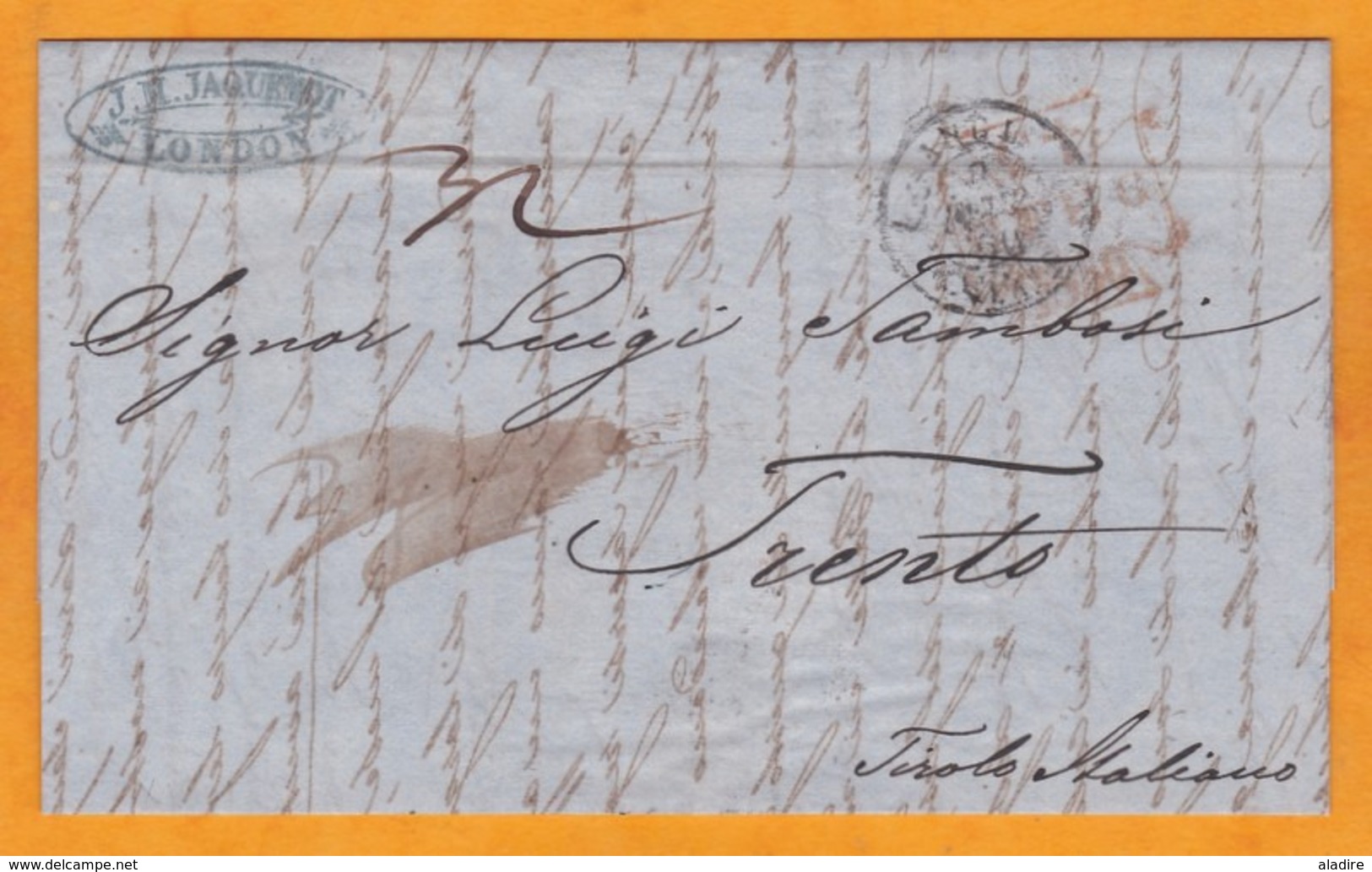 1850 - Lettre Pliée Avec Corresp En Italien De Londres, Angleterre Vers Trento, Trente Tyrol Italien Via Calais & France - Postmark Collection