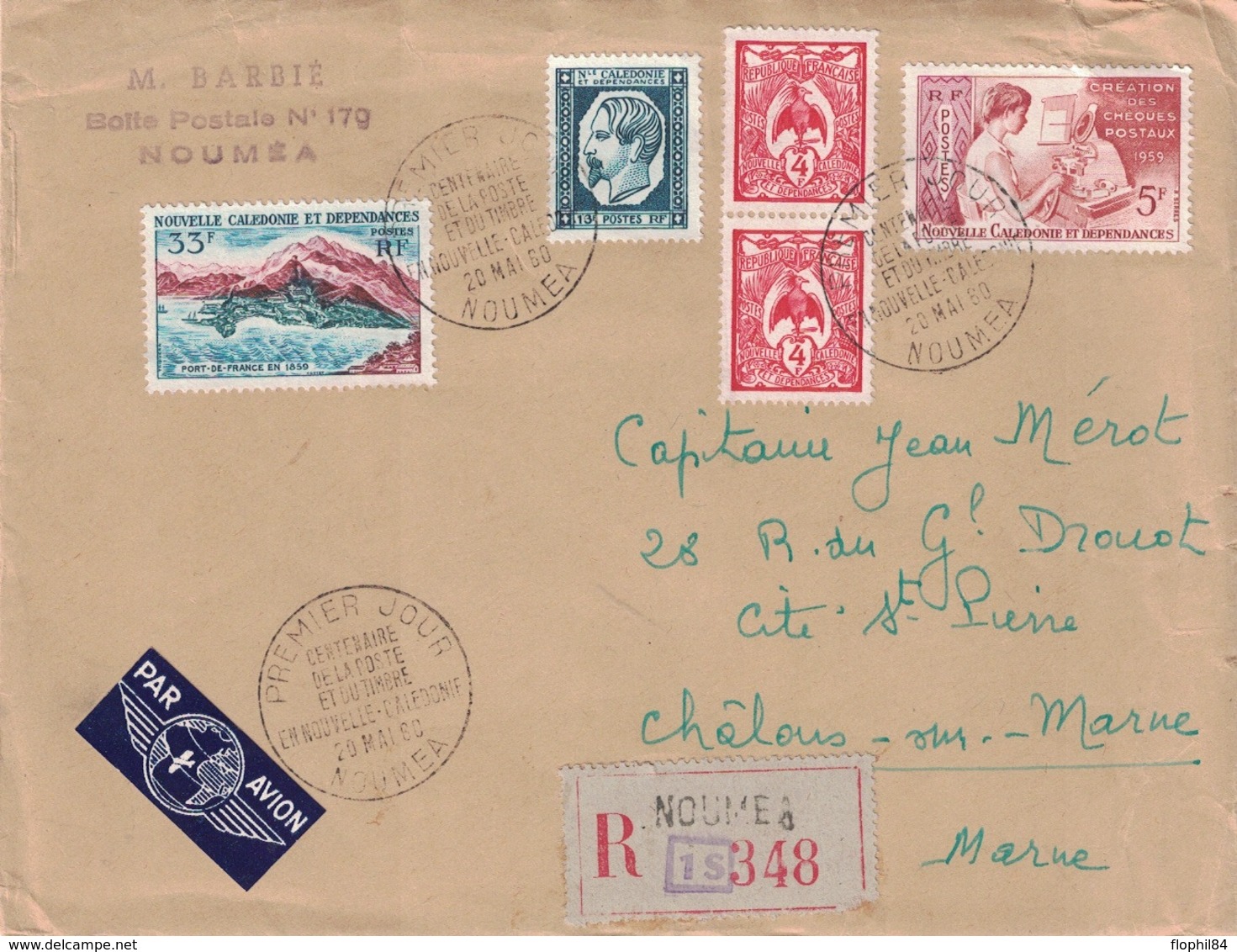 NOUVELLE CALEDONIE - LETTRE RECOMMANDEE DE NOUMEA POUR LA FRANCE - 20 MAI 1960 - CENTENAIRE DU TIMBRE EN Nlle CALEDONIE - Covers & Documents