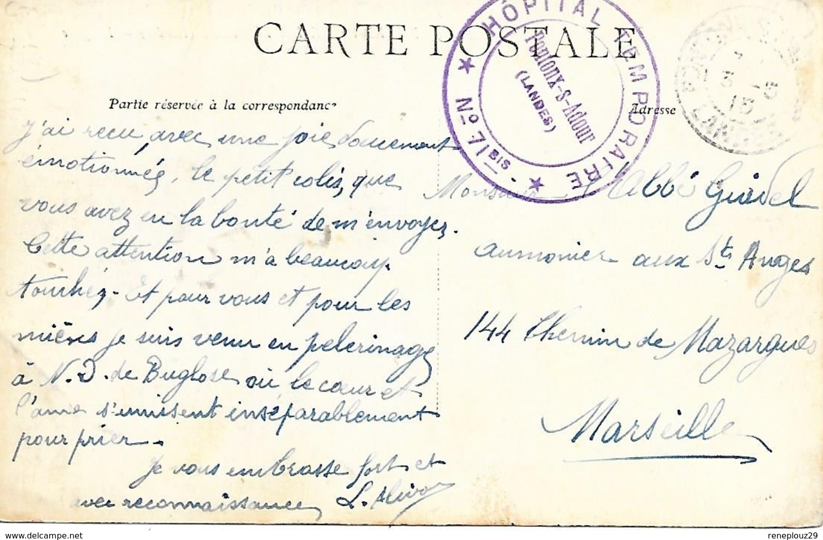 40-cachet Hôpital Temp. N°71 Bis De Pontonx-sur-Adour Sur CP De 1915-cachet Rare - Guerra De 1914-18