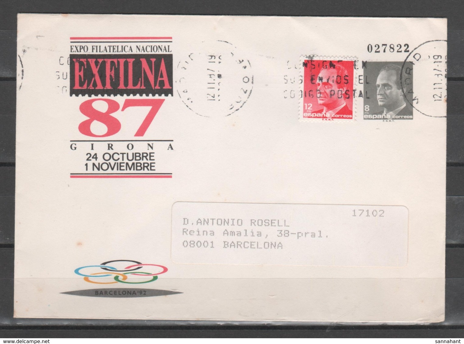 SOBRE ENTERO POSTAL. Exposicion Filatelica Nacional EXFILNA '87. Circulado. - 1931-....