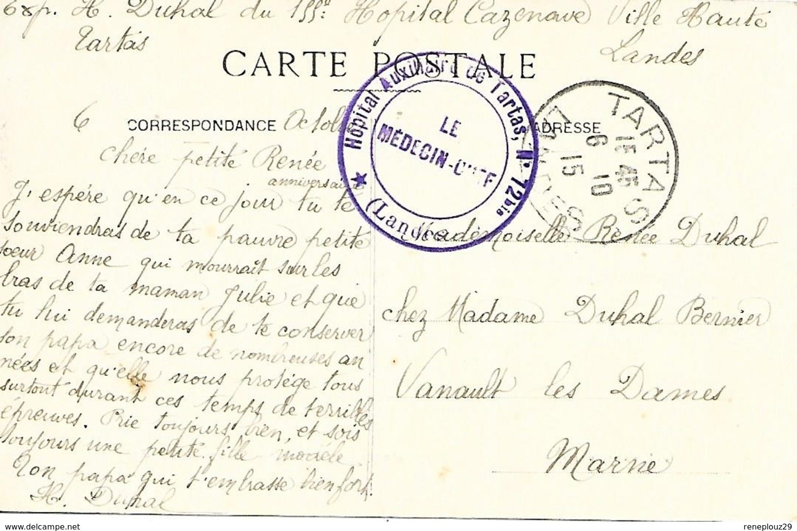 40-cachet Hôpital Aux.N°72 Bis De Tartas Sur CP De 1915 - Guerre De 1914-18