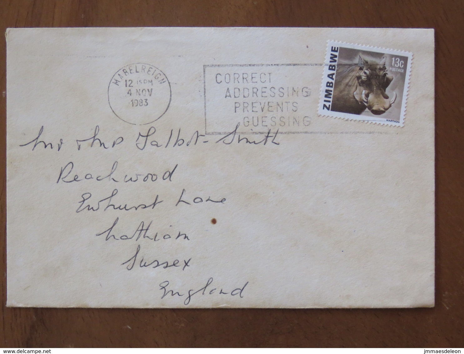 Zimbabwe 1983 Cover Harelreigh To England - Warthog Wild Pig - Zimbabwe (1980-...)